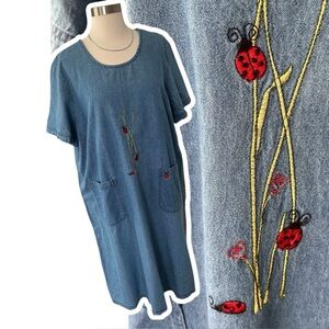 Vintage 90s 100% cotton denim embroidered ladybug dress pockets short sleeve XL